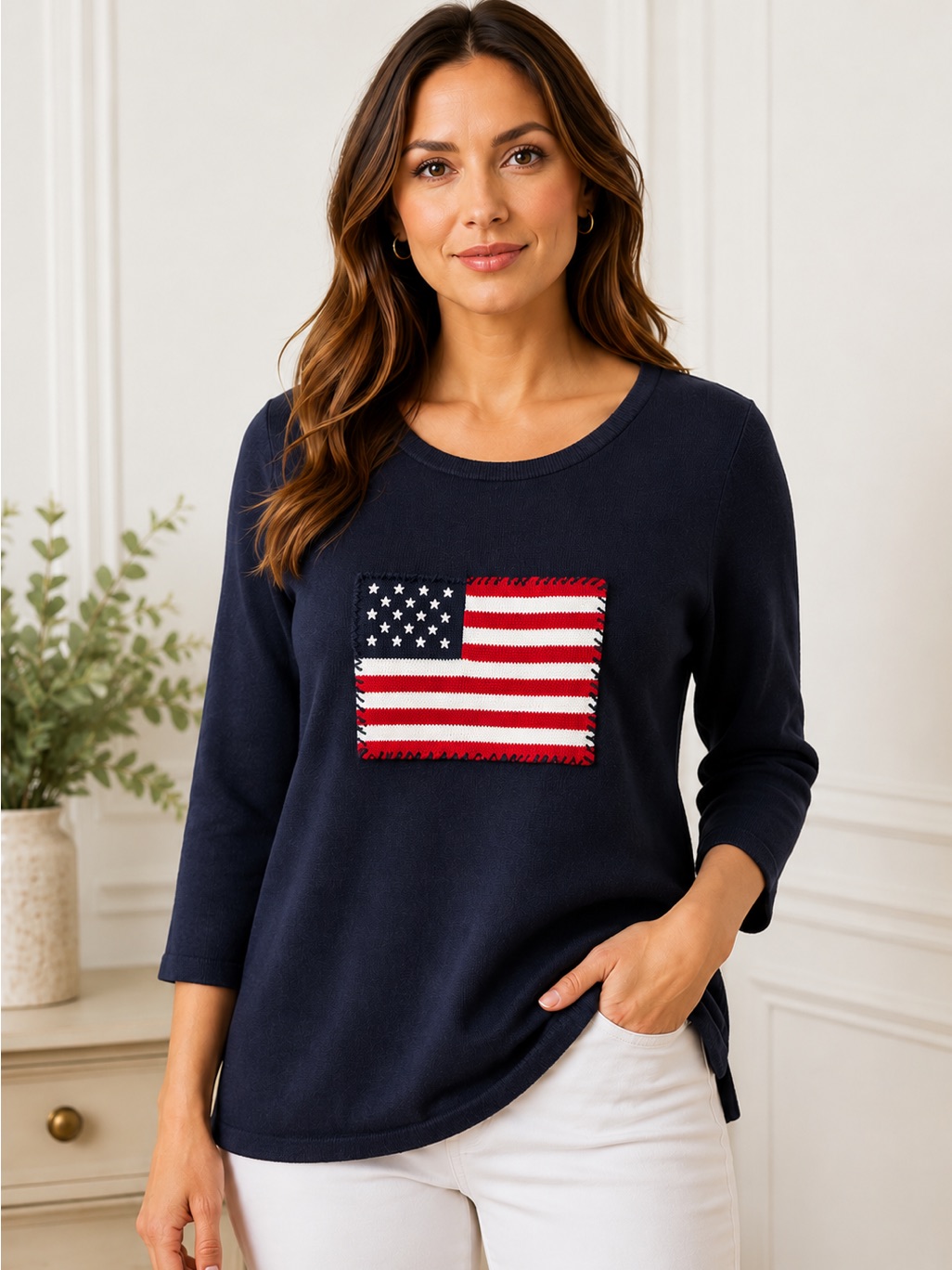 Rafaella 1x Navy American Flag Knit Sweater Top Patriotic